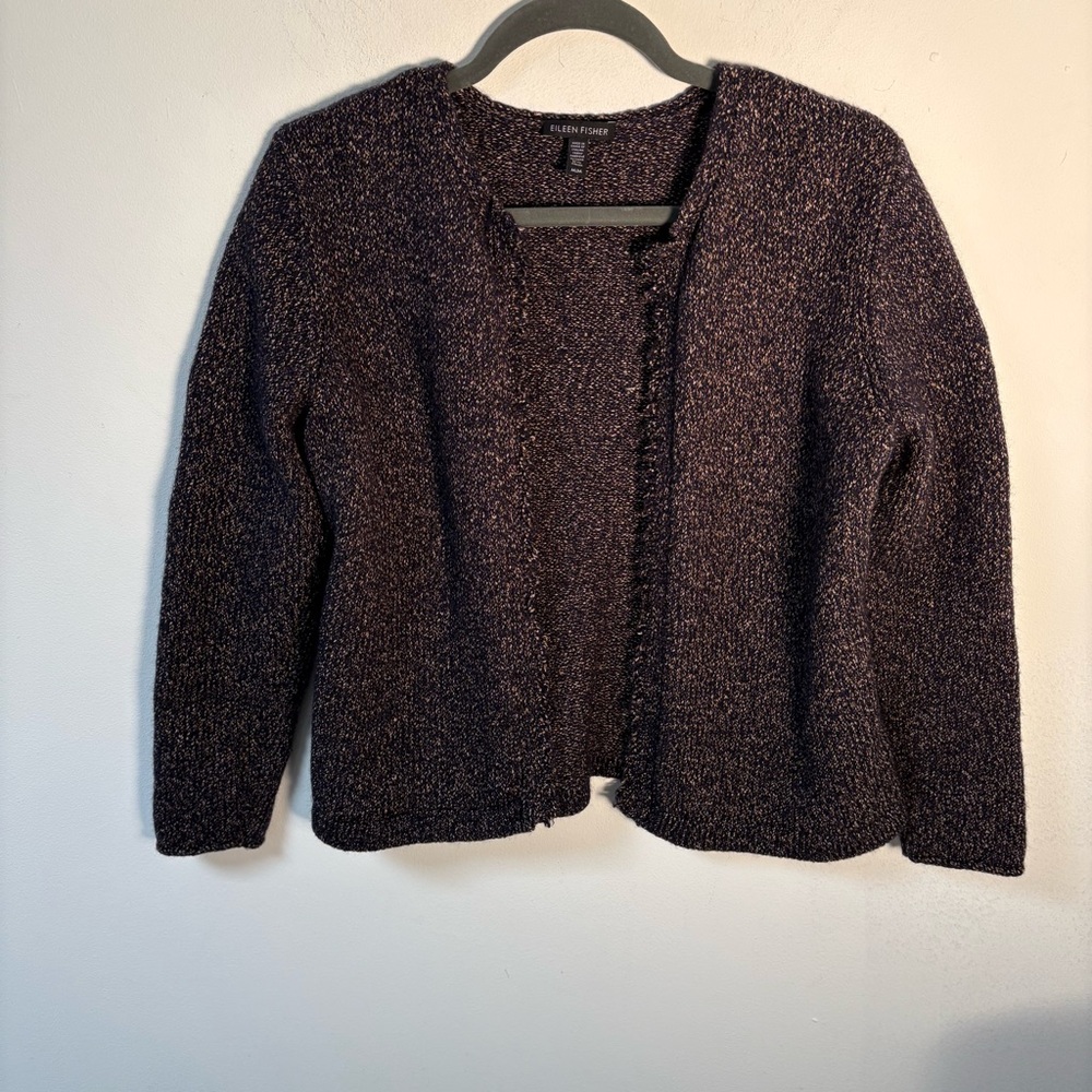 Eileen Fisher Womens Fringe Edge Marled Tweed Open Front Cardigan Medium